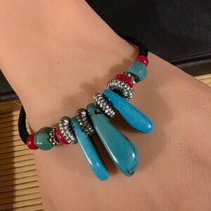 Gemstone Bracelet Turquoise Coral Black Velvet and Silver Tone Beads Style I